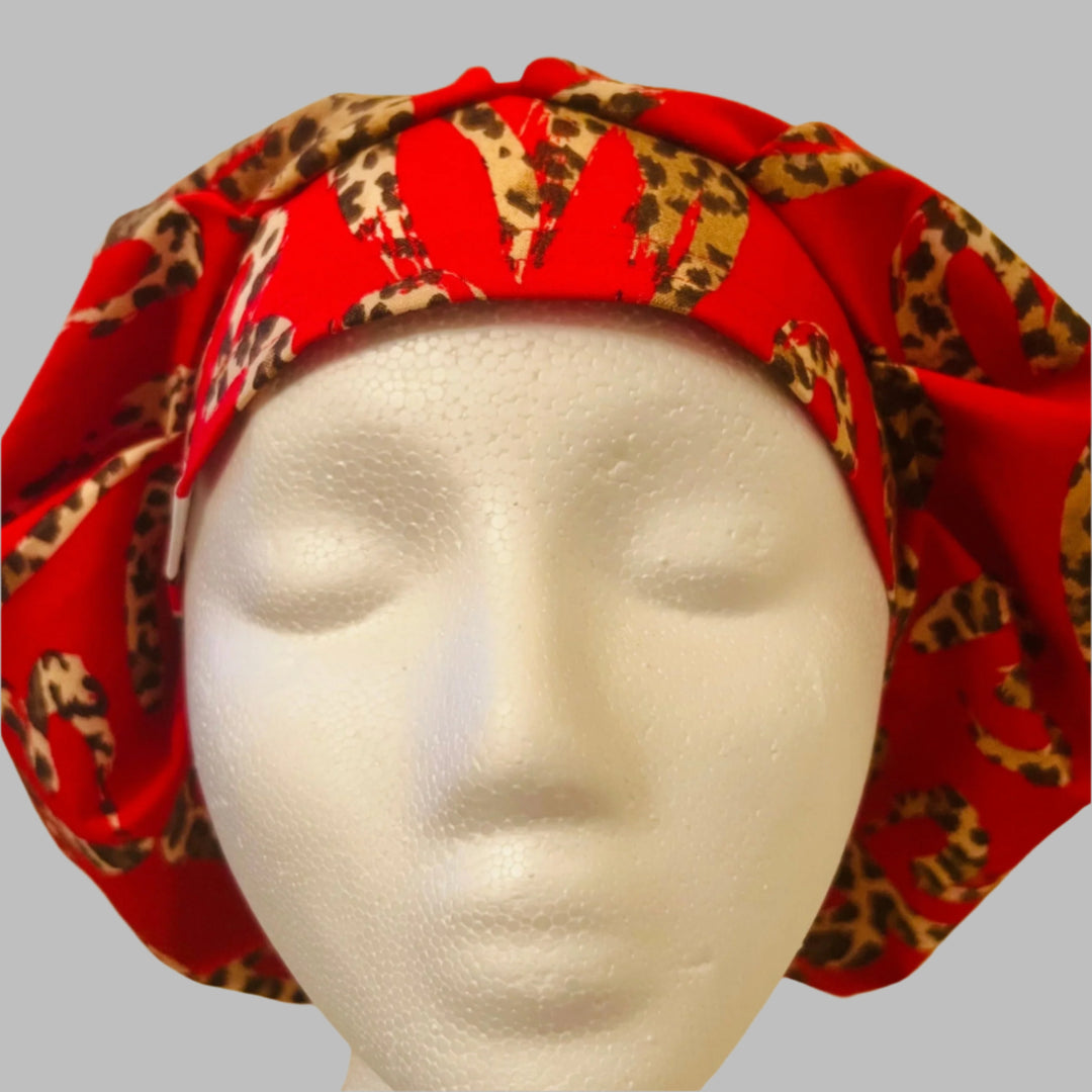 Bouffant Scrub Cap Leopard Heart Print | Handmade Surgical Hat for Nurses, Surgeons &amp; Healthcare Professionals | Adjustable OR Cap | Satin Lining Option