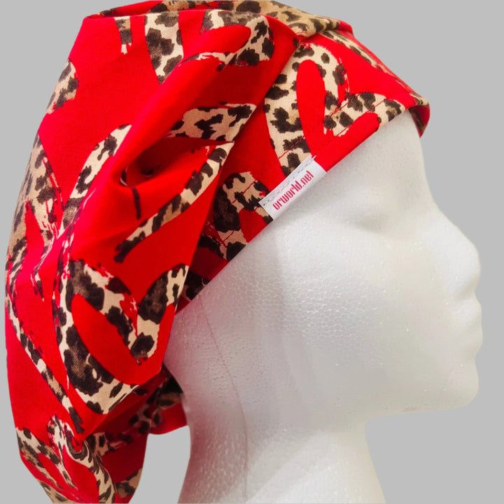 Bouffant Scrub Cap Leopard Heart Print | Handmade Surgical Hat for Nurses, Surgeons &amp; Healthcare Professionals | Adjustable OR Cap | Satin Lining Option