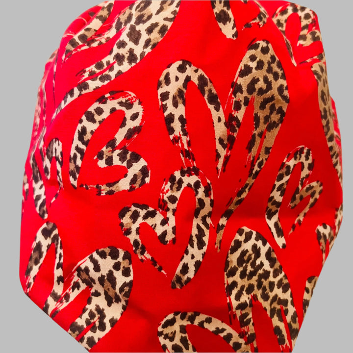 Bouffant Scrub Cap Leopard Heart Print | Handmade Surgical Hat for Nurses, Surgeons &amp; Healthcare Professionals | Adjustable OR Cap | Satin Lining Option