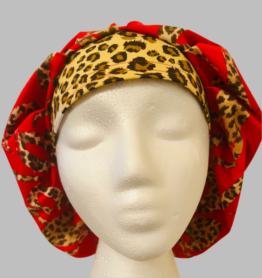 Bouffant Scrub Cap Leopard Print | Handmade Surgical Hat for Nurses, Surgeons &amp; Healthcare Professionals | Adjustable OR Cap | Satin Lining Option