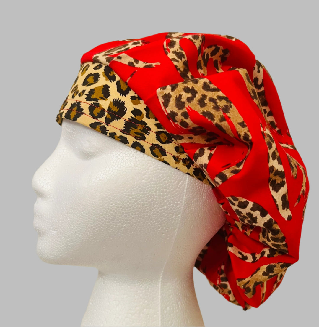 Bouffant Scrub Cap Leopard Print | Handmade Surgical Hat for Nurses, Surgeons & Healthcare Professionals | Adjustable OR Cap | Satin Lining Option