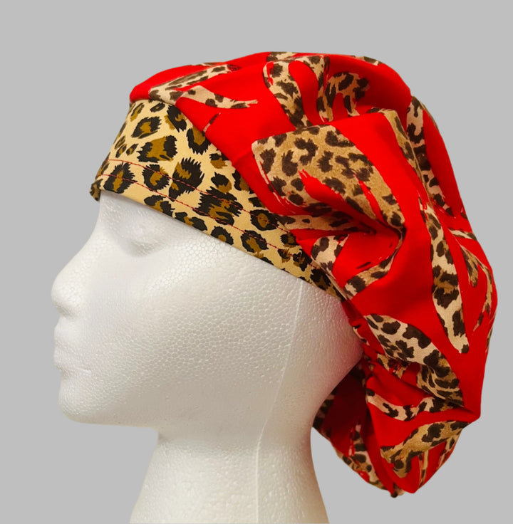 Bouffant Scrub Cap Leopard Print | Handmade Surgical Hat for Nurses, Surgeons &amp; Healthcare Professionals | Adjustable OR Cap | Satin Lining Option