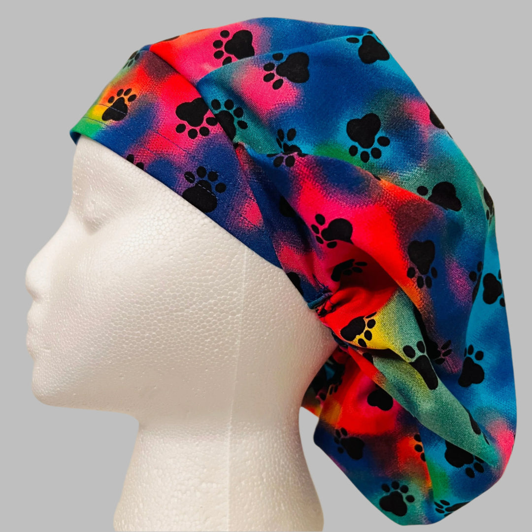 Bouffant Scrub Cap Colorful Paw Print | Handmade Surgical Hat for Nurses, Veterinarians & Healthcare Professionals | Adjustable OR Cap | Satin Lining Option