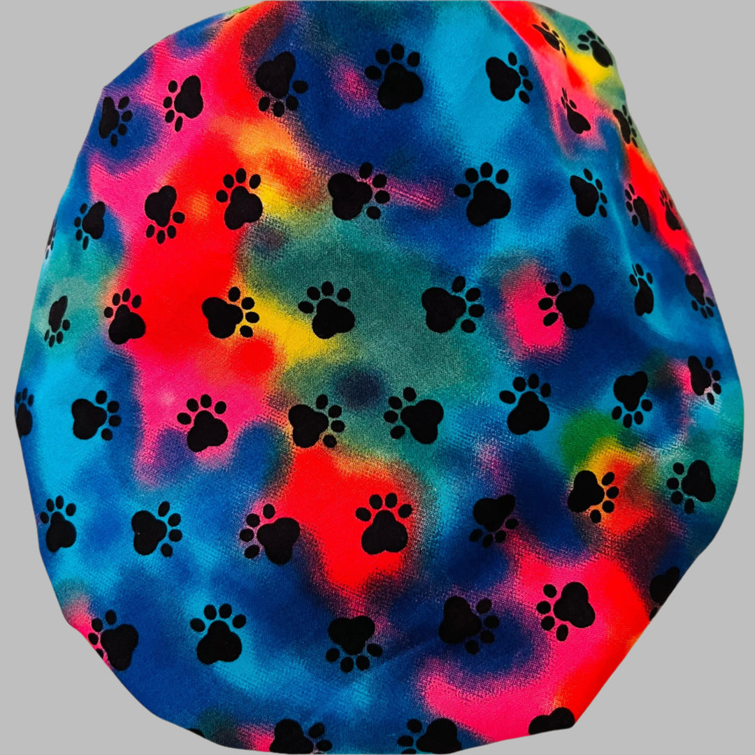 Bouffant Scrub Cap Colorful Paw Print | Handmade Surgical Hat for Nurses, Veterinarians &amp; Healthcare Professionals | Adjustable OR Cap | Satin Lining Option