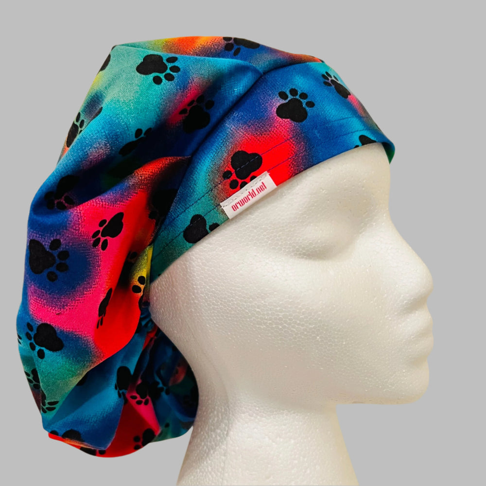 Bouffant Scrub Cap Colorful Paw Print | Handmade Surgical Hat for Nurses, Veterinarians & Healthcare Professionals | Adjustable OR Cap | Satin Lining Option
