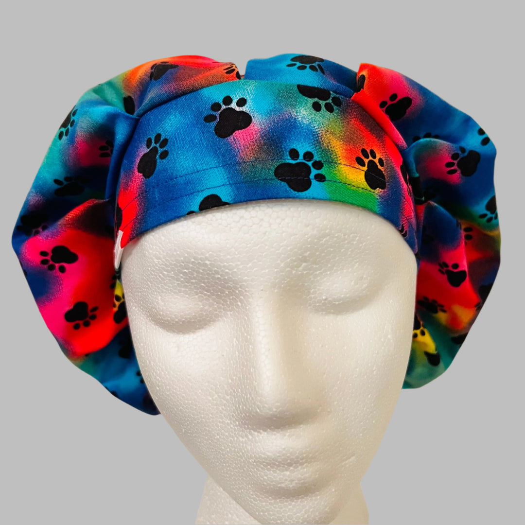 Bouffant Scrub Cap Colorful Paw Print | Handmade Surgical Hat for Nurses, Veterinarians &amp; Healthcare Professionals | Adjustable OR Cap | Satin Lining Option