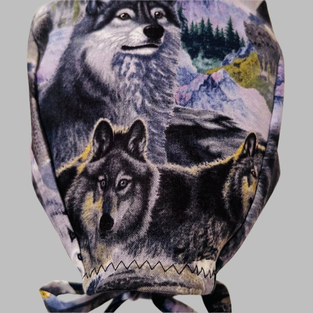 Scrub Cap Wolves & Eagles Wilderness Print | Adjustable Surgical Hat for Nurses | Wildlife Nature Scrub Cap