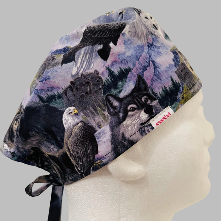 Scrub Cap Wolves &amp; Eagles Wilderness Print | Adjustable Surgical Hat for Nurses | Wildlife Nature Scrub Cap