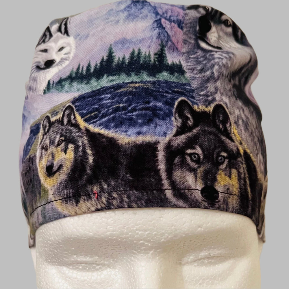 Scrub Cap Wolves & Eagles Wilderness Print | Adjustable Surgical Hat for Nurses | Wildlife Nature Scrub Cap