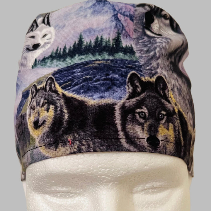Scrub Cap Wolves &amp; Eagles Wilderness Print | Adjustable Surgical Hat for Nurses | Wildlife Nature Scrub Cap