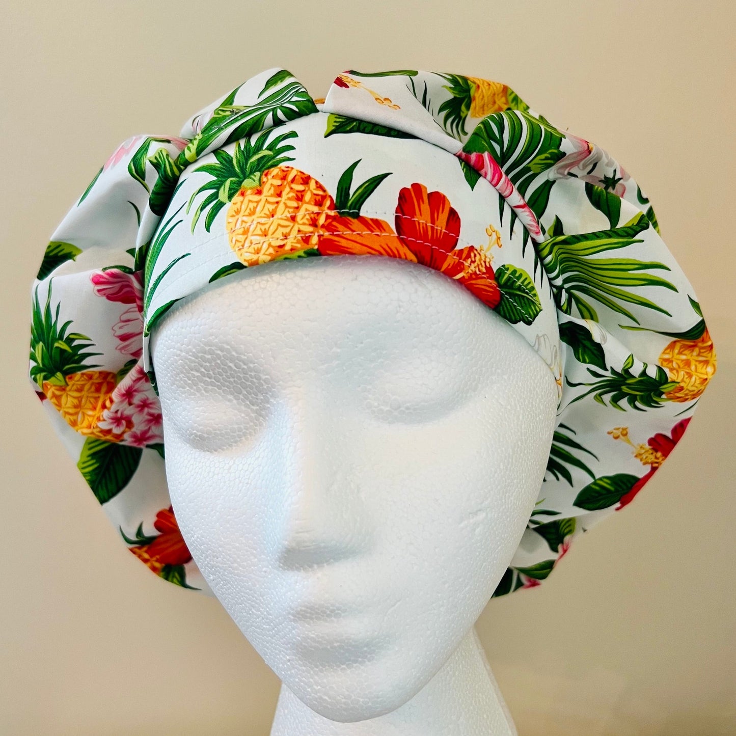 Bouffant-Hawaiian-pineapples and flowers