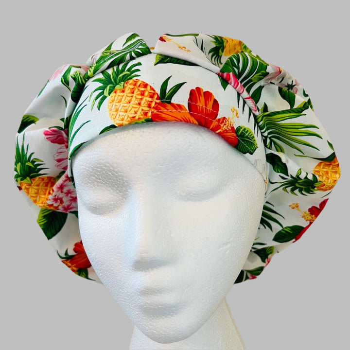 Hawaiian Pineapple Hibiscus Bouffant Scrub Cap | Tropical Floral Nurse Hat | Beach Vacation Surgical Cap