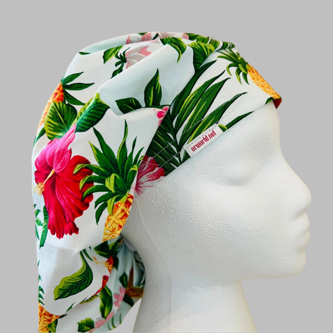 Hawaiian Pineapple Hibiscus Bouffant Scrub Cap | Tropical Floral Nurse Hat | Beach Vacation Surgical Cap