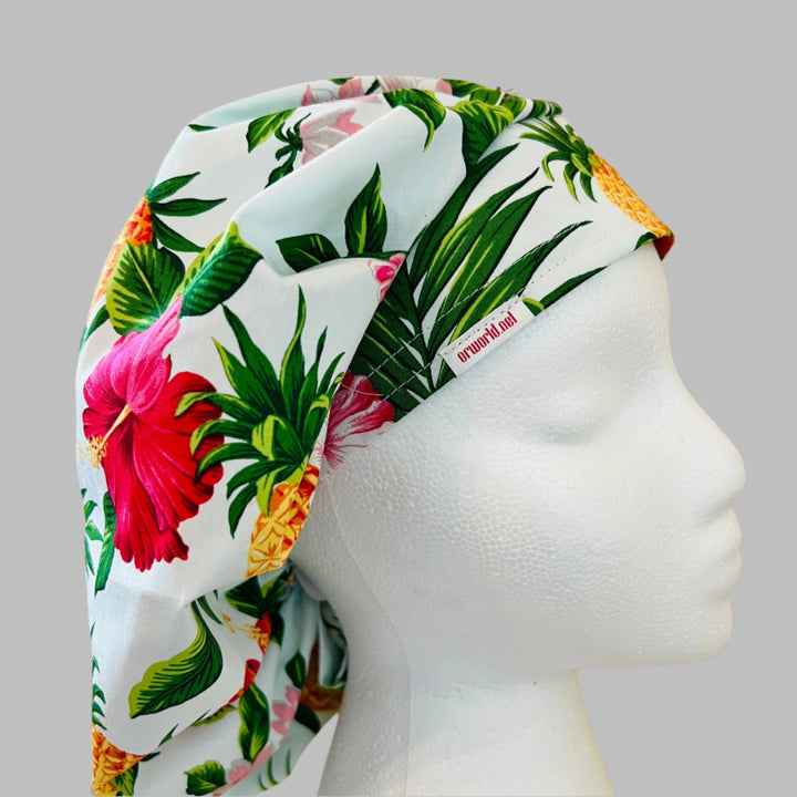 Hawaiian Pineapple Hibiscus Bouffant Scrub Cap | Tropical Floral Nurse Hat | Beach Vacation Surgical Cap