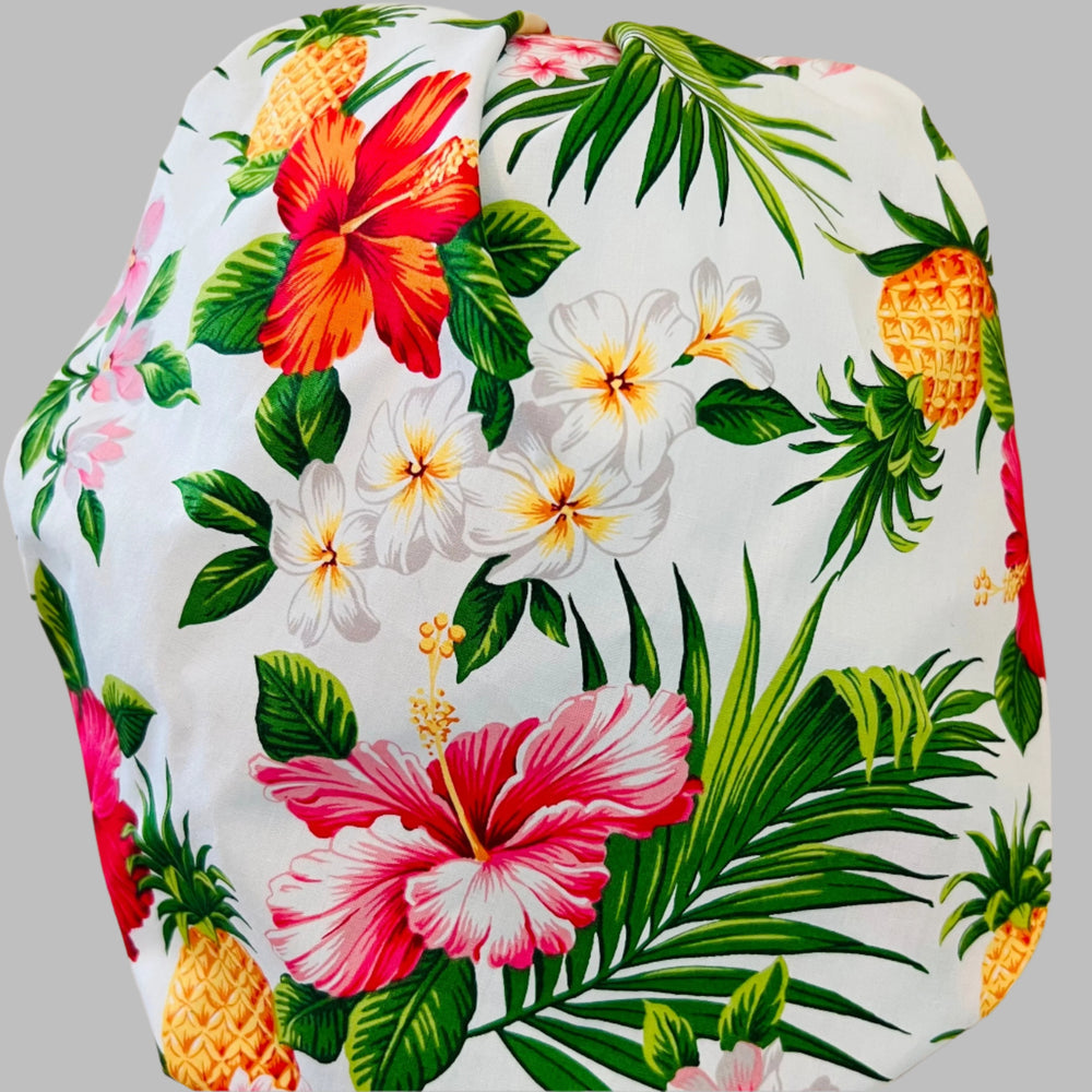 Hawaiian Pineapple Hibiscus Bouffant Scrub Cap | Tropical Floral Nurse Hat | Beach Vacation Surgical Cap