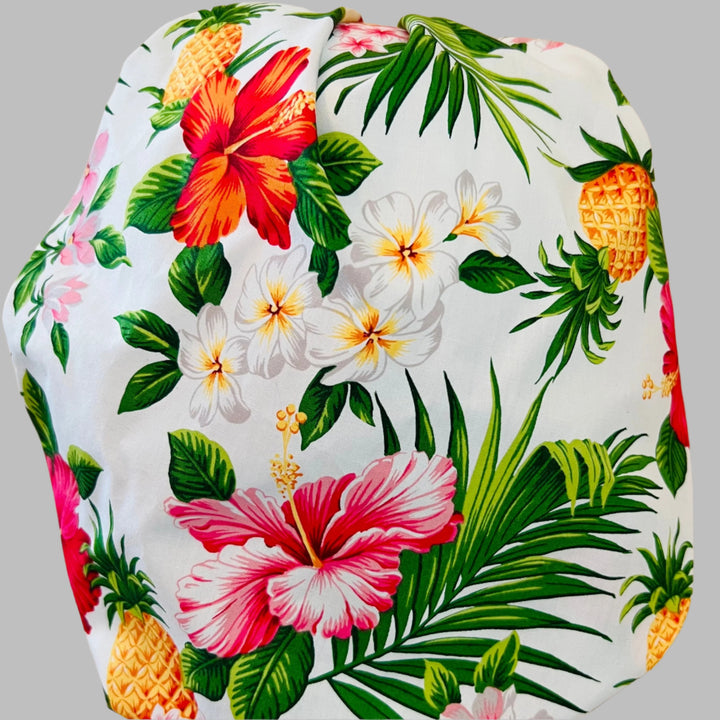 Hawaiian Pineapple Hibiscus Bouffant Scrub Cap | Tropical Floral Nurse Hat | Beach Vacation Surgical Cap