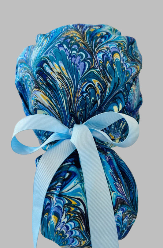 Ponytail Scrub Cap for Women Blue Marble Ocean Swirl Surgical Hat Adjustable Long Hair Nurse Scrub Cap Watercolor Marble Print Handmade OR World Scrub Caps