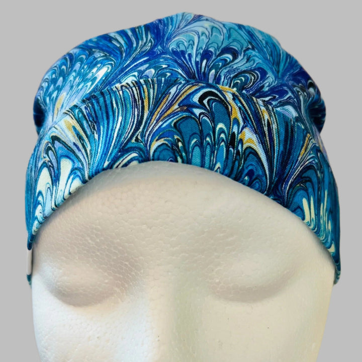 Ponytail Scrub Cap for Women Blue Marble Ocean Swirl Surgical Hat Adjustable Long Hair Nurse Scrub Cap Watercolor Marble Print Handmade OR World Scrub Caps