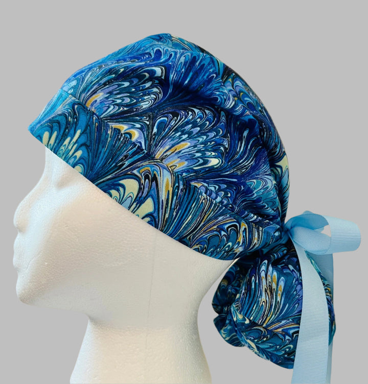 Ponytail Scrub Cap for Women Blue Marble Ocean Swirl Surgical Hat Adjustable Long Hair Nurse Scrub Cap Watercolor Marble Print Handmade OR World Scrub Caps