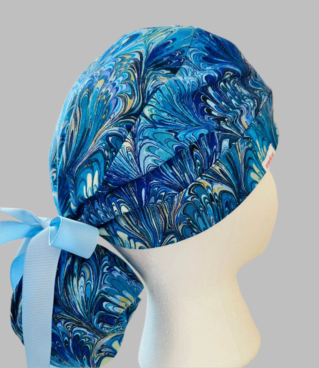 Ponytail Scrub Cap for Women Blue Marble Ocean Swirl Surgical Hat Adjustable Long Hair Nurse Scrub Cap Watercolor Marble Print Handmade OR World Scrub Caps