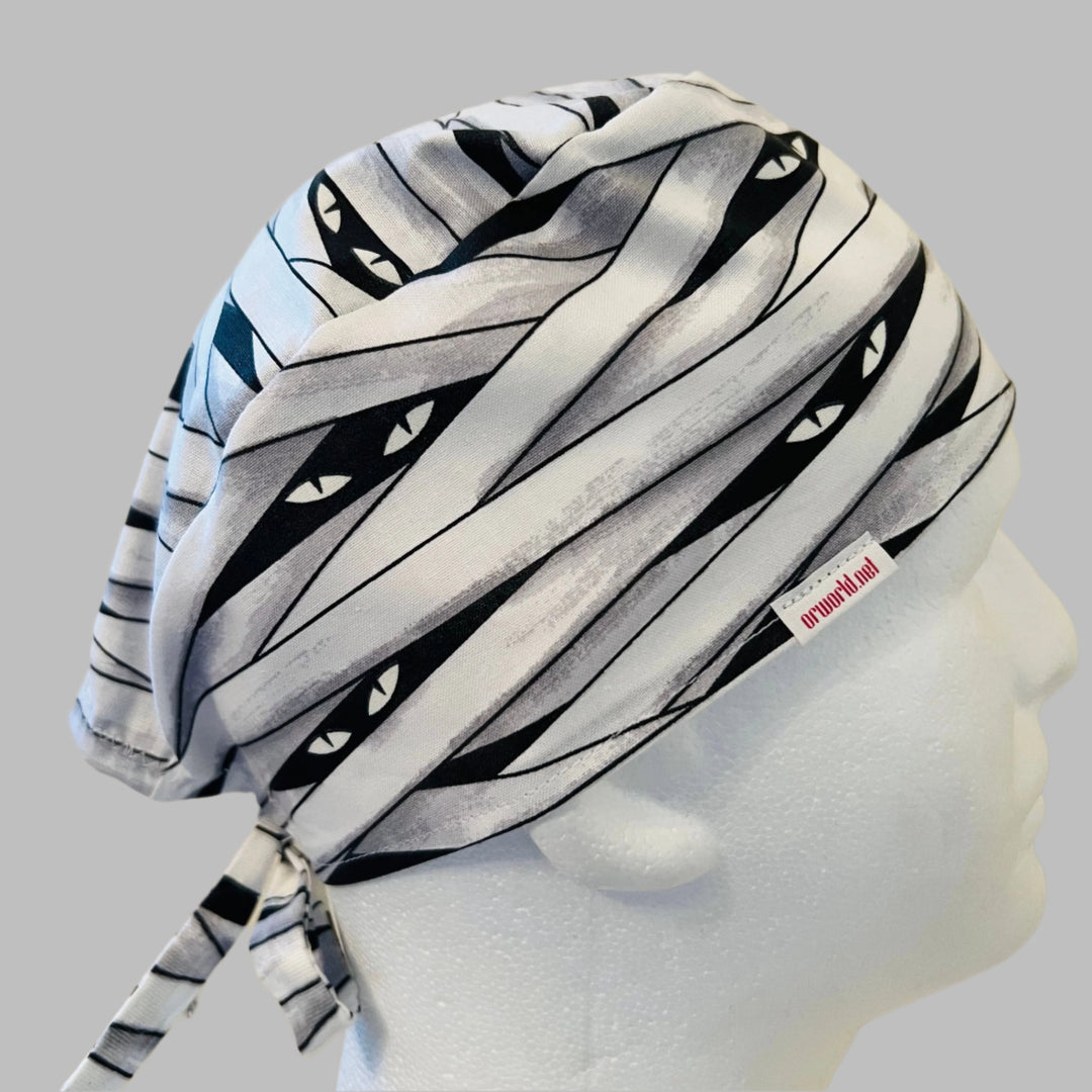 Scrub Cap Halloween Mummy | Adjustable Surgical Cap for Nurses &amp; Surgeons | Satin Lining Option | Fall Nurse Hat | right side view