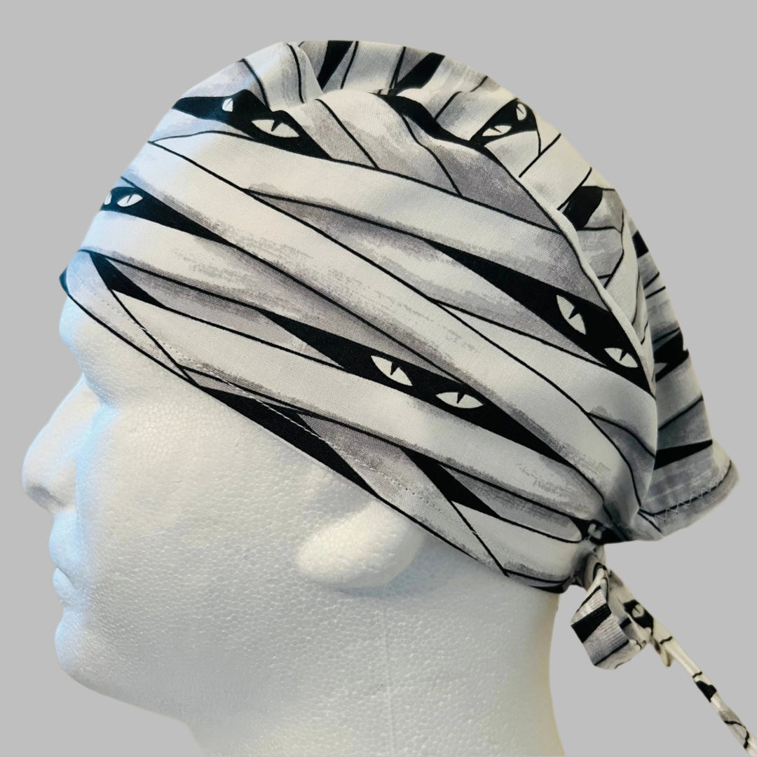 Scrub Cap Halloween Mummy | Adjustable Surgical Cap for Nurses &amp; Surgeons | Satin Lining Option | Fall Nurse Hat | left side view