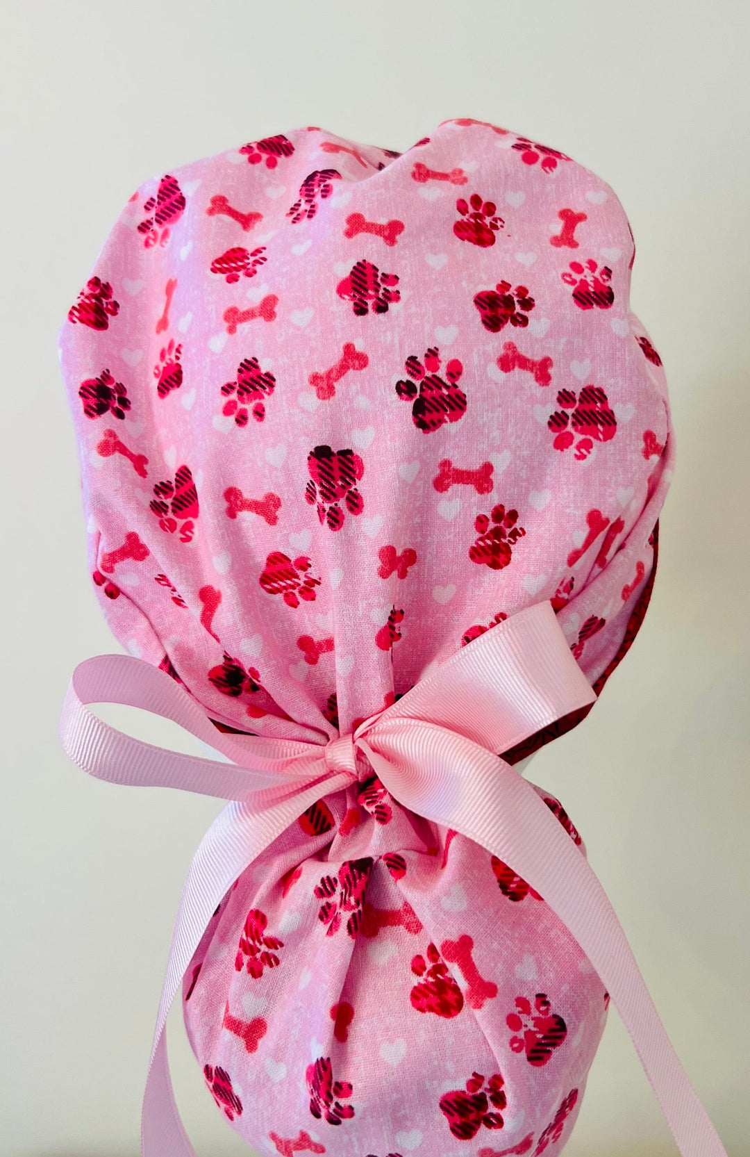 Ponytail Scrub Cap for Women Valentine Puppy Paws and Bones Surgical Hat Dog Lover Nurse Scrub Cap Veterinary Scrub Cap Vet Tech Scrub Cap Pink Red Adjustable OR World Scrub Caps