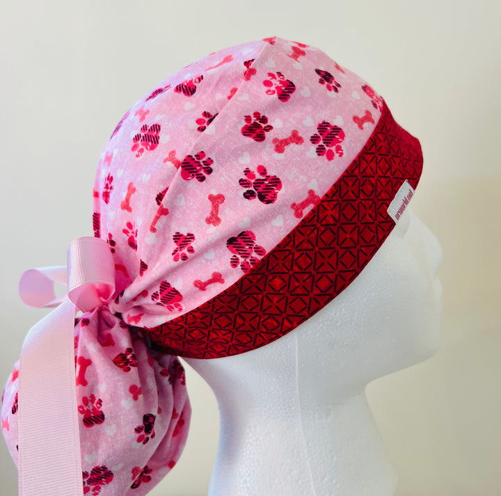 Ponytail Scrub Cap for Women Valentine Puppy Paws and Bones Surgical Hat Dog Lover Nurse Scrub Cap Veterinary Scrub Cap Vet Tech Scrub Cap Pink Red Adjustable OR World Scrub Caps