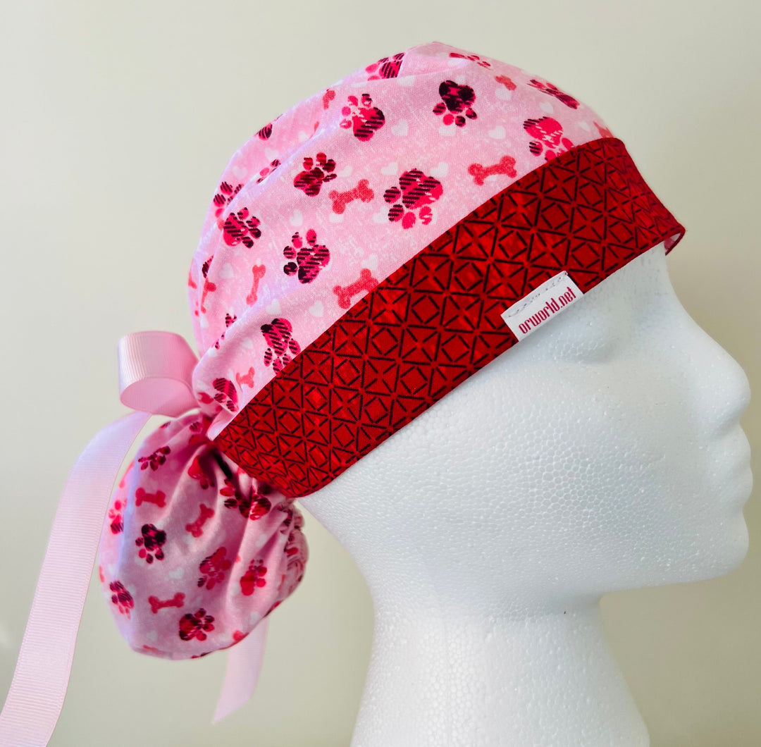 Ponytail Scrub Cap for Women Valentine Puppy Paws and Bones Surgical Hat Dog Lover Nurse Scrub Cap Veterinary Scrub Cap Vet Tech Scrub Cap Pink Red Adjustable OR World Scrub Caps