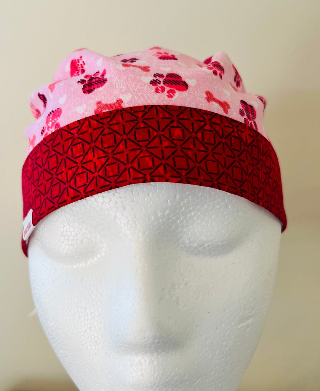Ponytail Scrub Cap for Women Valentine Puppy Paws and Bones Surgical Hat Dog Lover Nurse Scrub Cap Veterinary Scrub Cap Vet Tech Scrub Cap Pink Red Adjustable OR World Scrub Caps