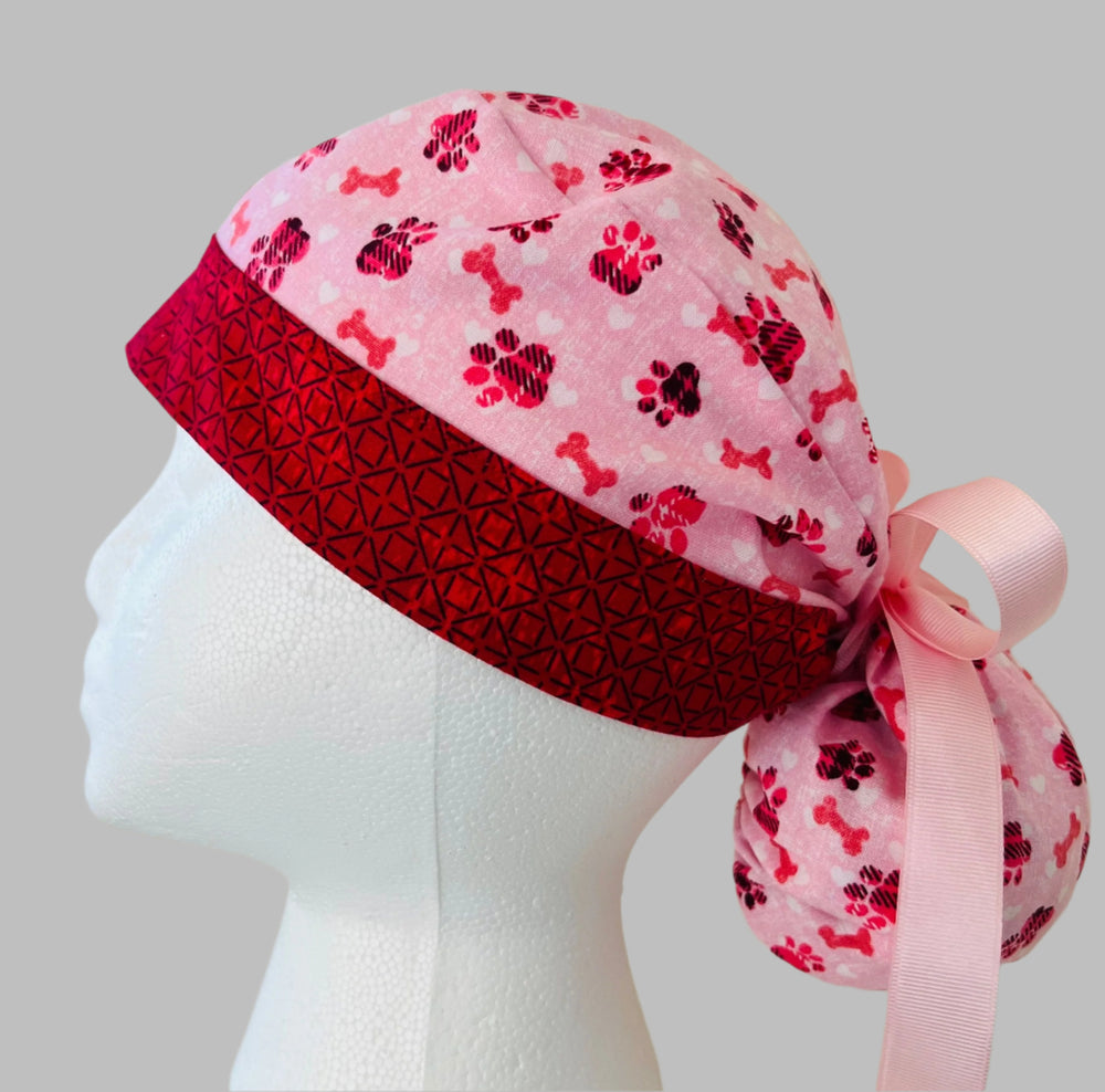 Ponytail Scrub Cap for Women Valentine Puppy Paws and Bones Surgical Hat Dog Lover Nurse Scrub Cap Veterinary Scrub Cap Vet Tech Scrub Cap Pink Red Adjustable OR World Scrub Caps