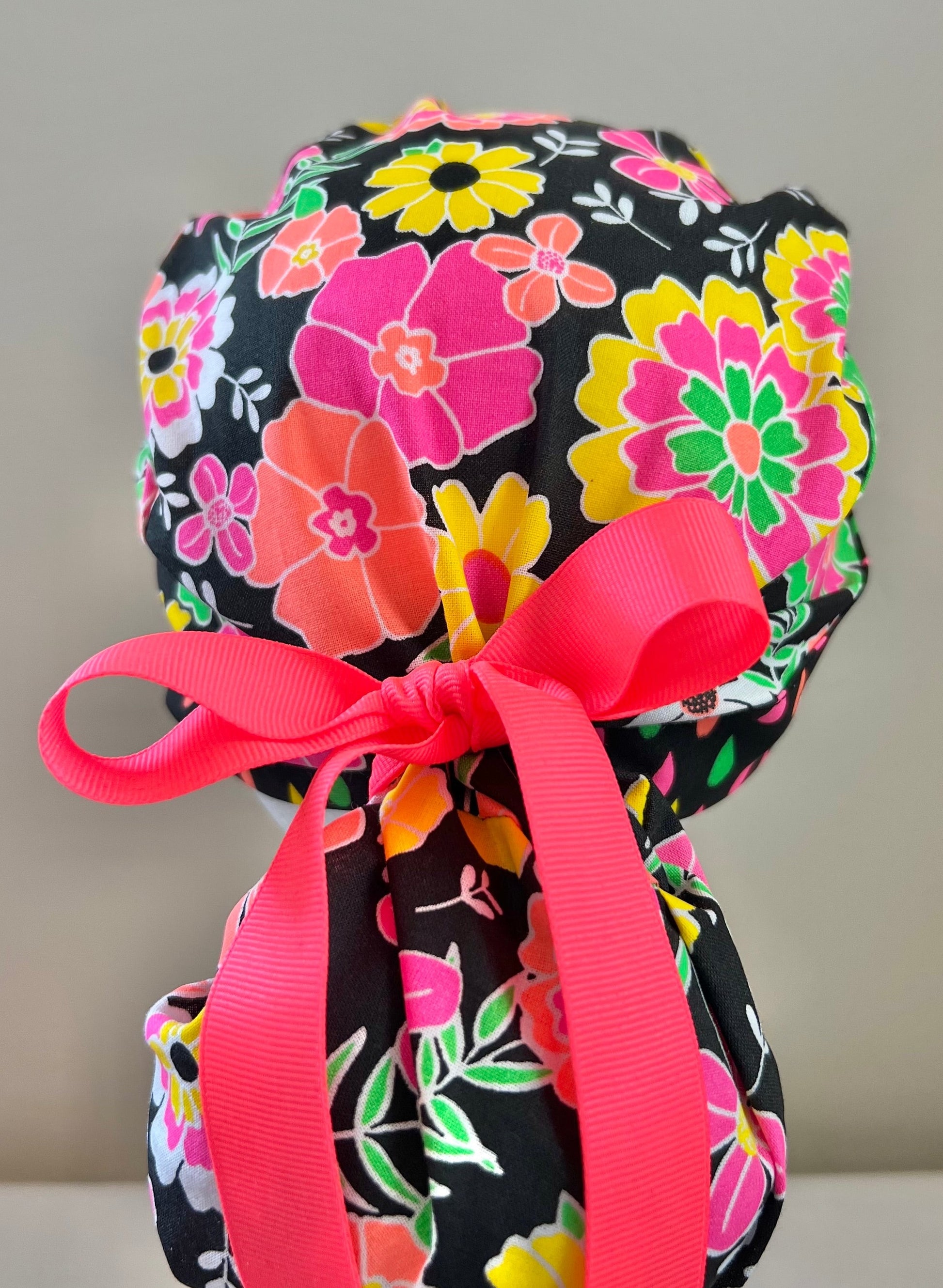 Ponytail Style Hat - Neon Flowers