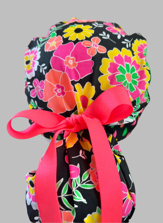 Ponytail Scrub Cap for Women Neon Floral Adjustable Surgical Hat Bright Pink Green Yellow Orange Flowers Black Background Nurse Scrub Cap OR World