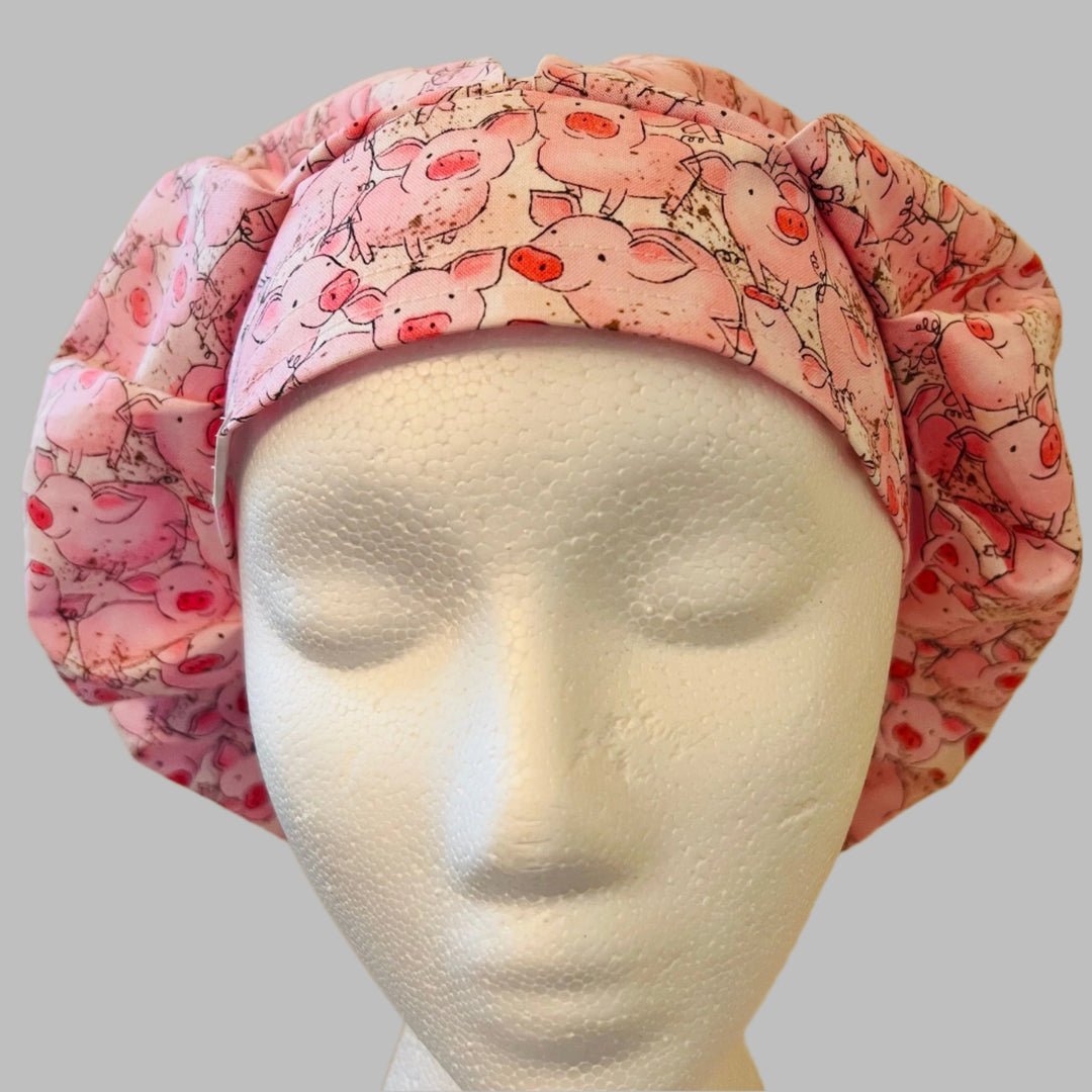 Bouffant Scrub Cap Pink Piggies | Adjustable Women’s Surgical Hat | Farm Animal Nurse Cap