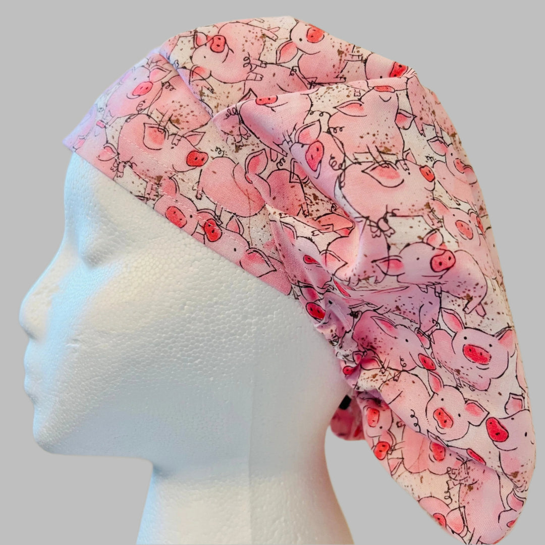 Bouffant Scrub Cap Pink Piggies | Adjustable Women’s Surgical Hat | Farm Animal Nurse Cap