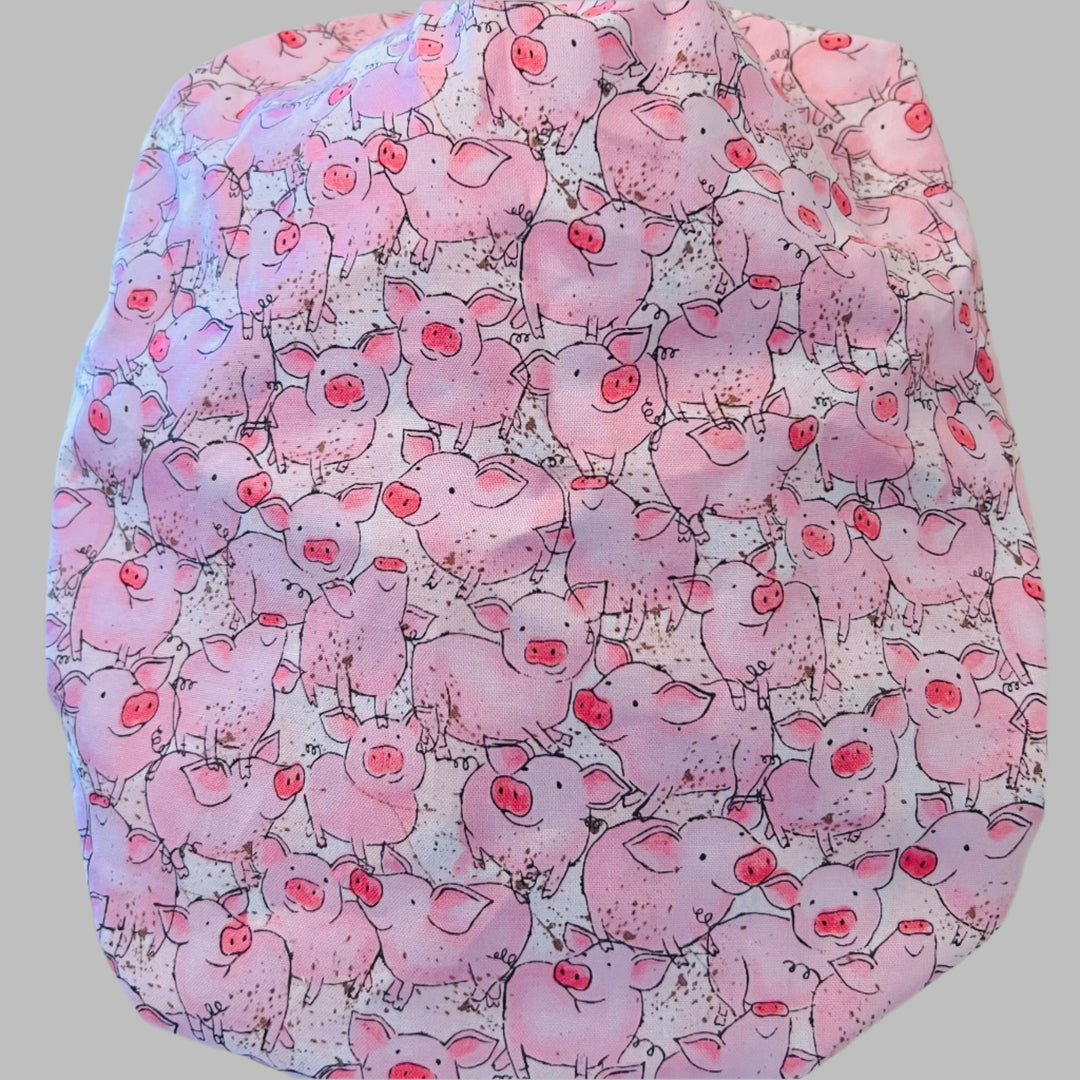 Bouffant Scrub Cap Pink Piggies | Adjustable Women’s Surgical Hat | Farm Animal Nurse Cap