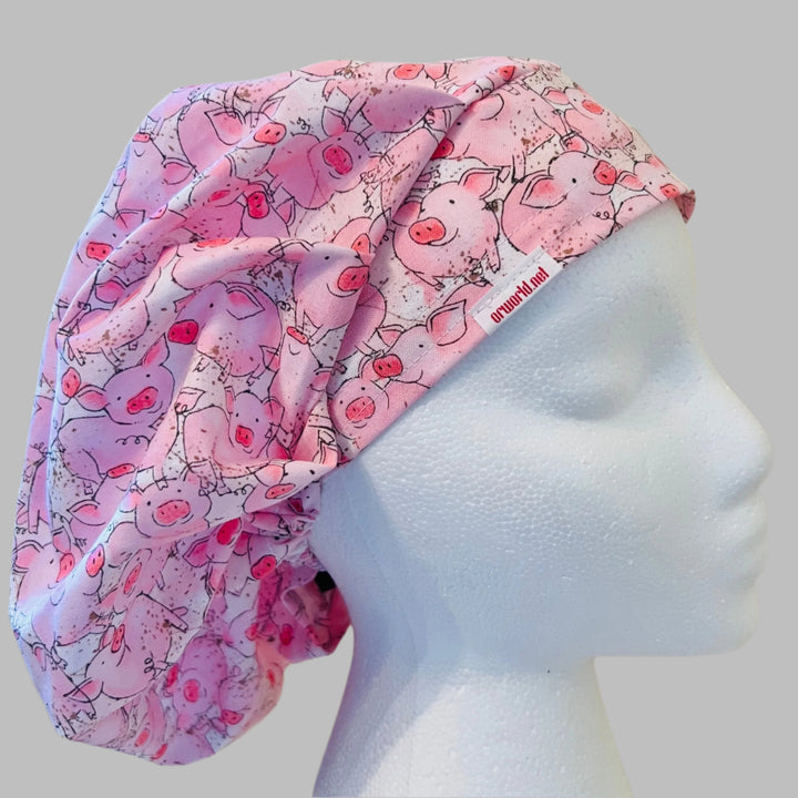 Bouffant Scrub Cap Pink Piggies | Adjustable Women’s Surgical Hat | Farm Animal Nurse Cap