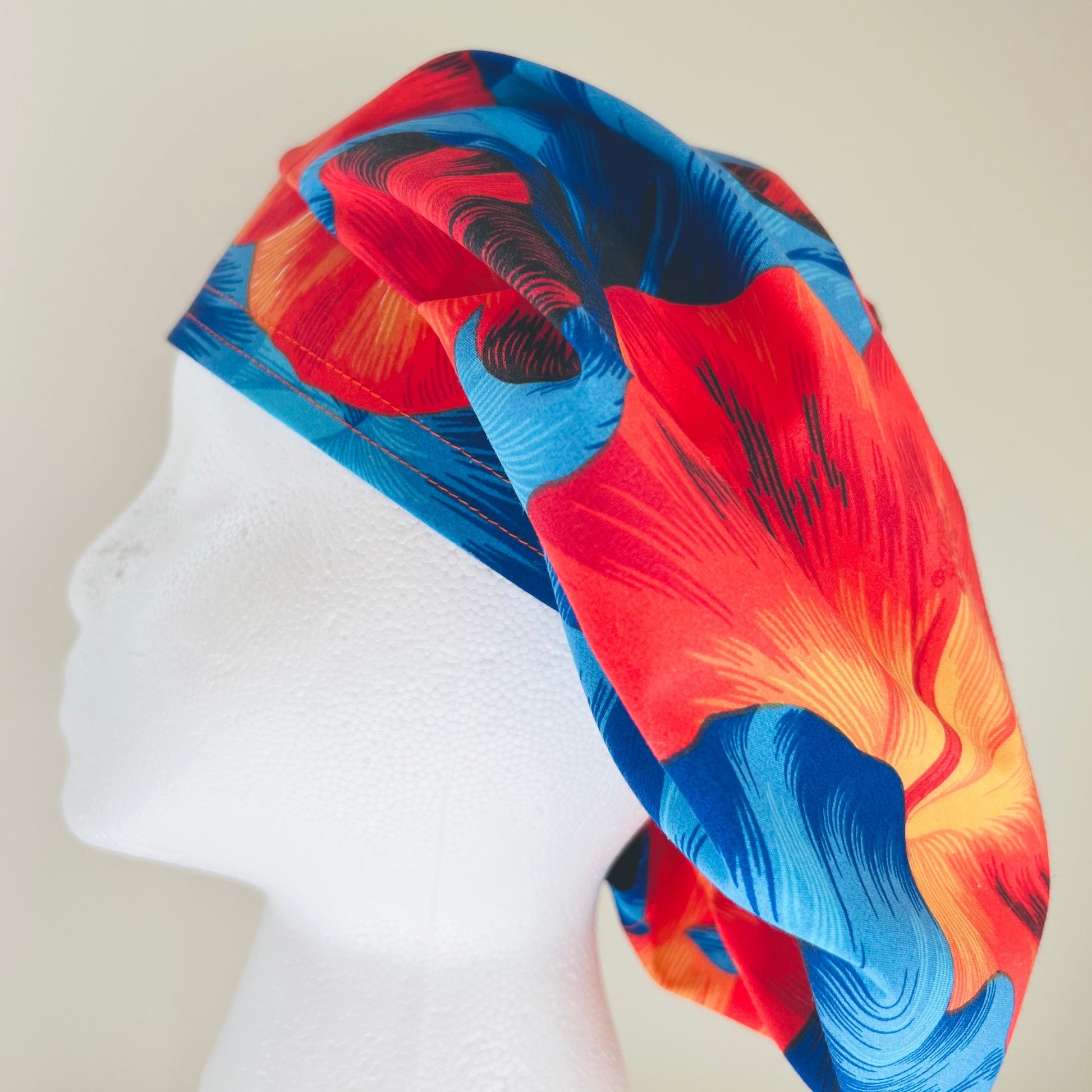 Bouffant-Hawiian-orange-red-blue-hibiscus