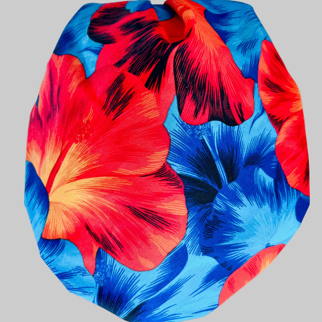 Blue &amp; Orange Hawaiian Hibiscus Bouffant Scrub Cap | Tropical Floral Surgical Hat for Women