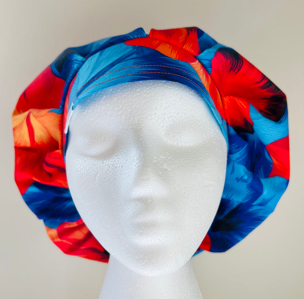 Blue & Orange Hawaiian Hibiscus Bouffant Scrub Cap | Tropical Floral Surgical Hat for Women