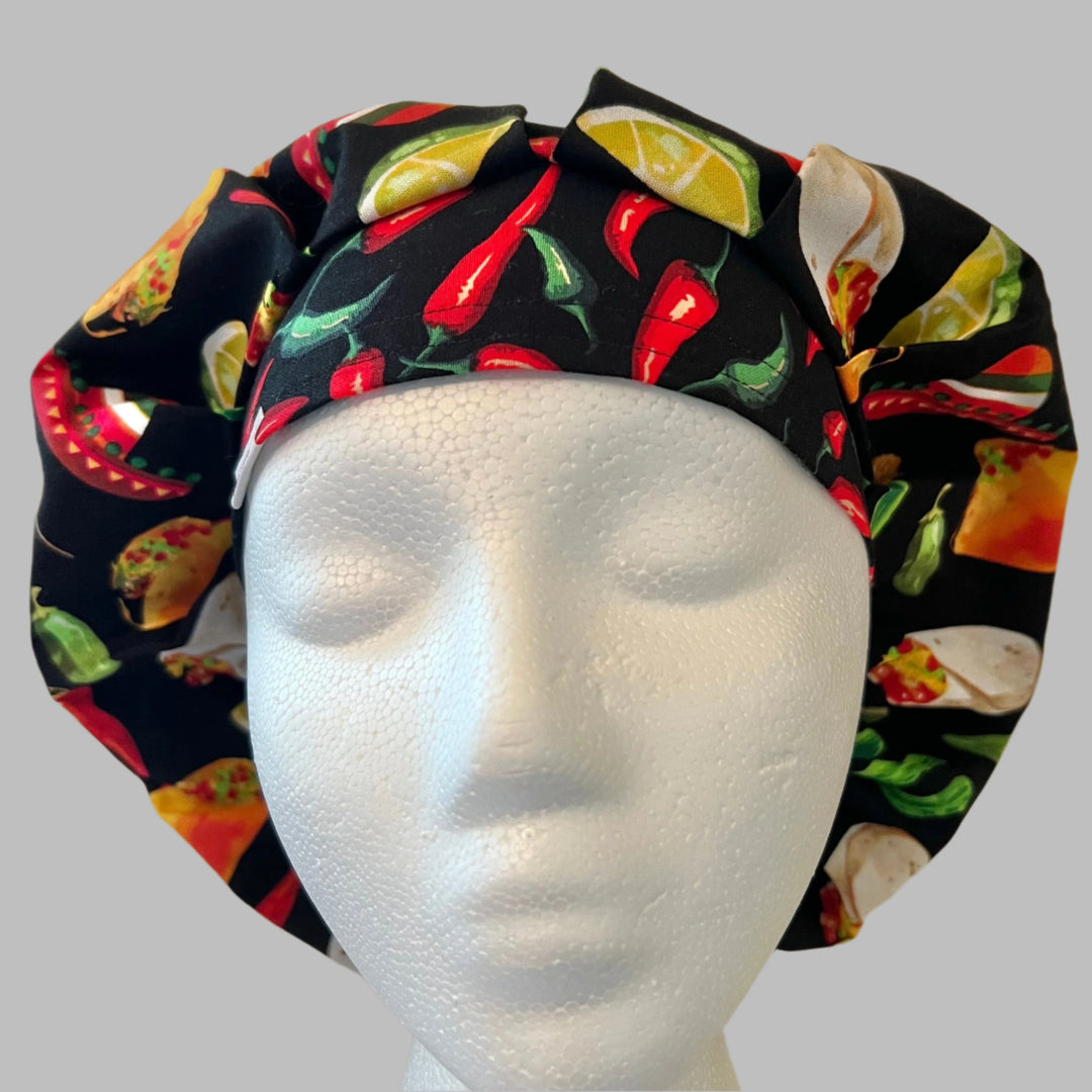 Cinco de Mayo fiesta bouffant scrub cap with taco chili pepper and Mexican food print for nurses and healthcare professionals front view
