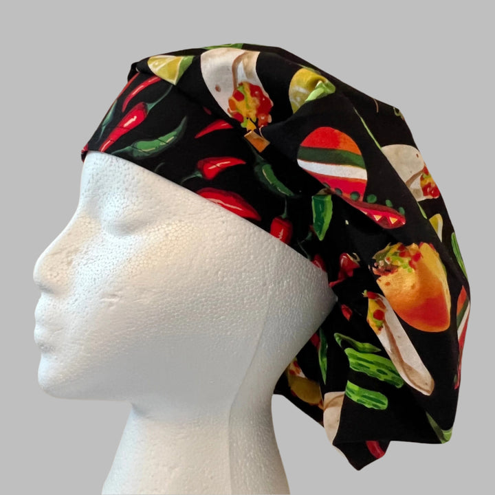 Cinco de Mayo fiesta bouffant scrub cap with taco chili pepper and Mexican food print for nurses and healthcare professionals side view
