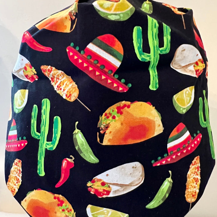 Cinco de Mayo fiesta bouffant scrub cap with taco chili pepper and Mexican food print for nurses and healthcare professionals back view
