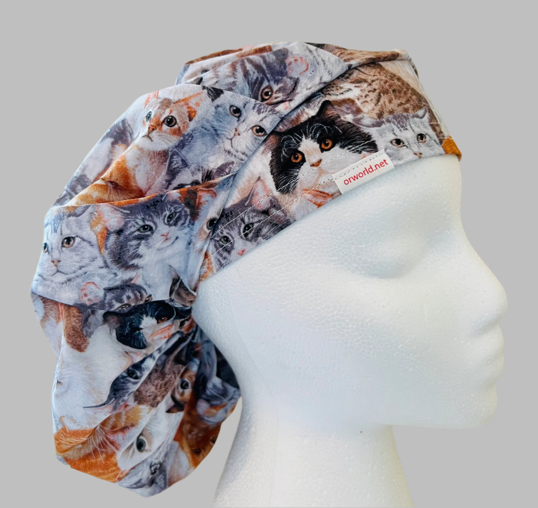 Bouffant scrub cap with realistic cats and kittens print for nurses and veterinarians
