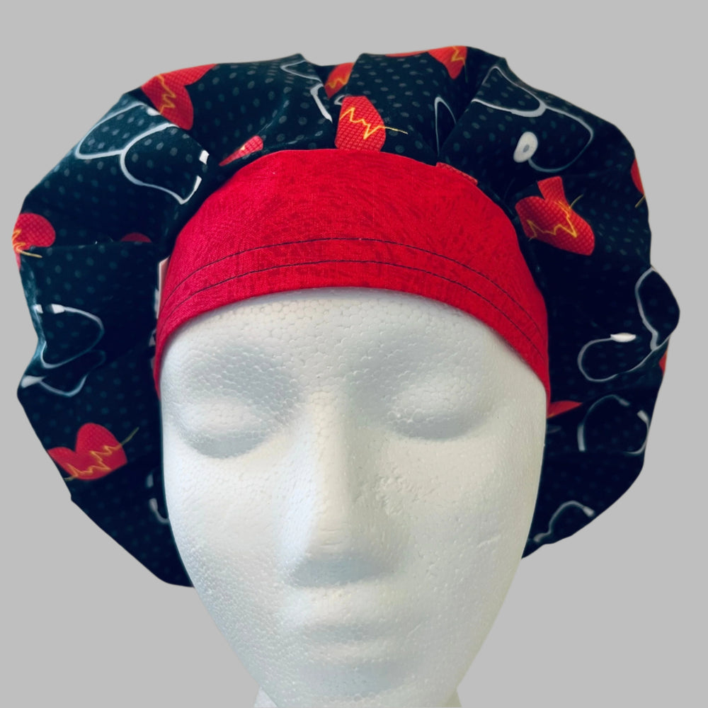 Bouffant Scrub Cap | Cardiology Heartbeat EKG Hearts on Black | Nurse Surgical Hat