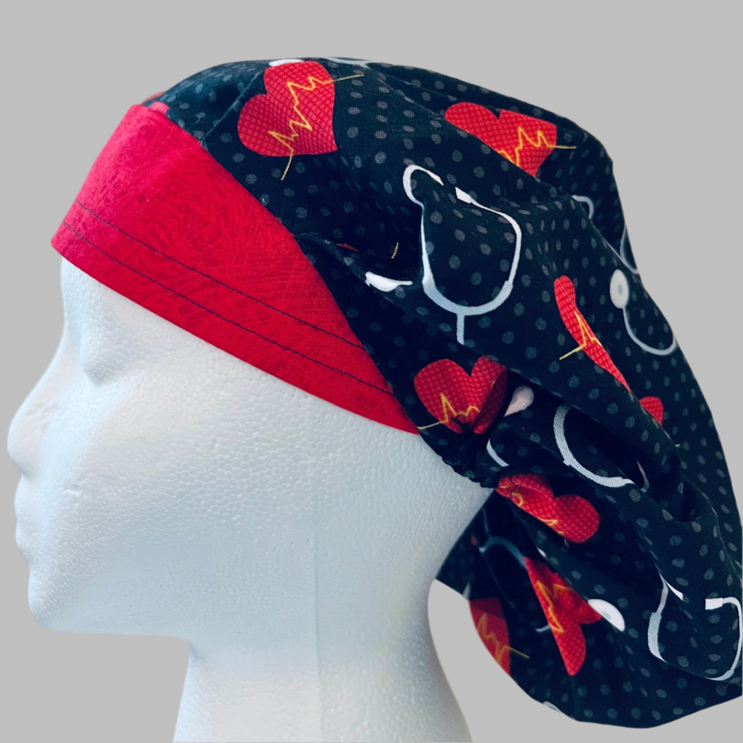 Bouffant Scrub Cap | Cardiology Heartbeat EKG Hearts on Black | Nurse Surgical Hat