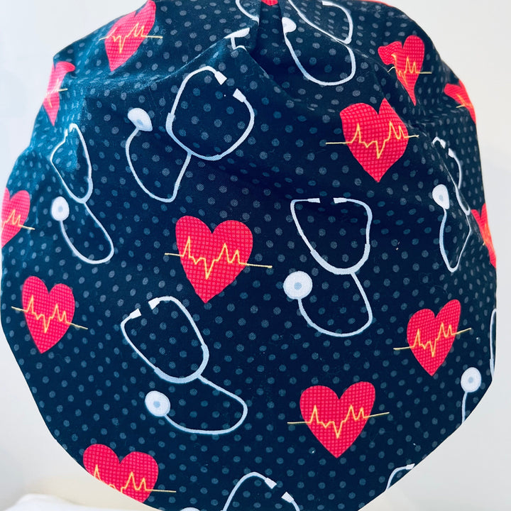Bouffant Scrub Cap | Cardiology Heartbeat EKG Hearts on Black | Nurse Surgical Hat