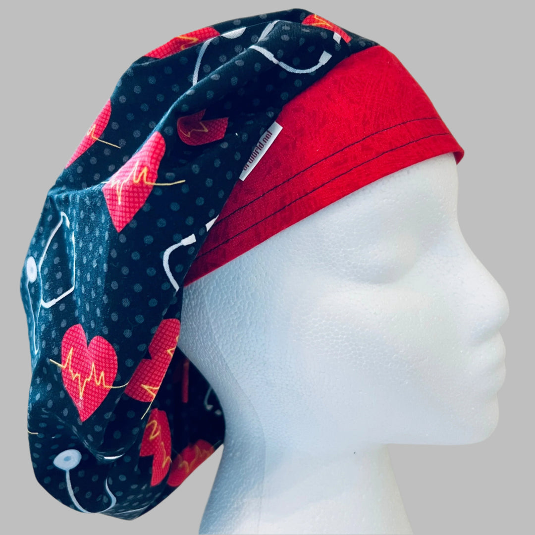 Bouffant Scrub Cap | Cardiology Heartbeat EKG Hearts on Black | Nurse Surgical Hat