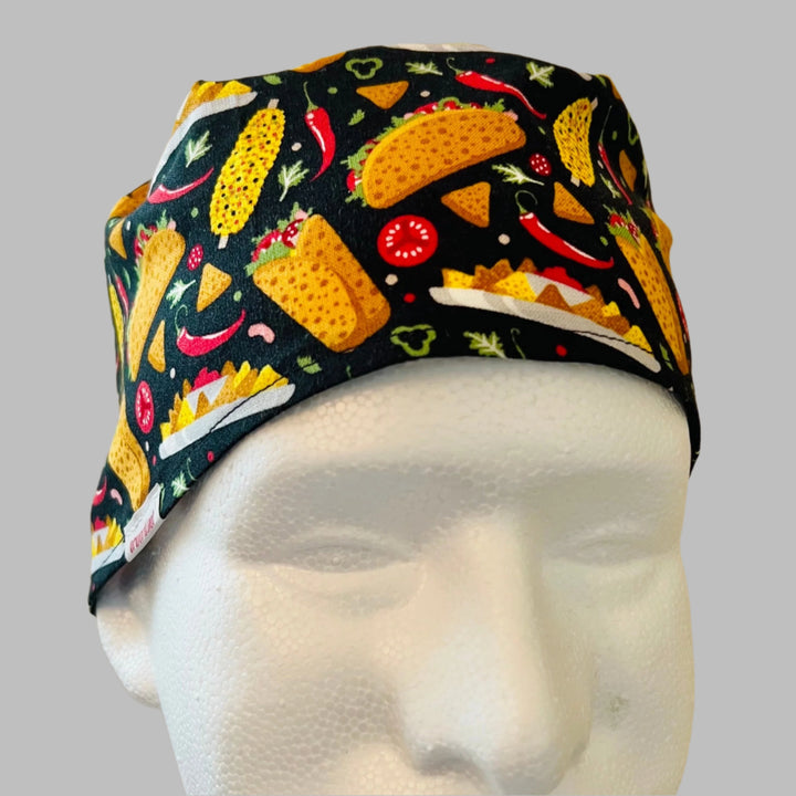 Taco scrub cap with chili pepper corn and Mexican food print traditional tie-back surgical hat for nurses and healthcare professionals front view
