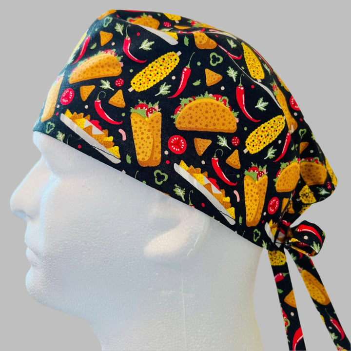 Taco scrub cap with chili pepper corn and Mexican food print traditional tie-back surgical hat for nurses and healthcare professionals side view
